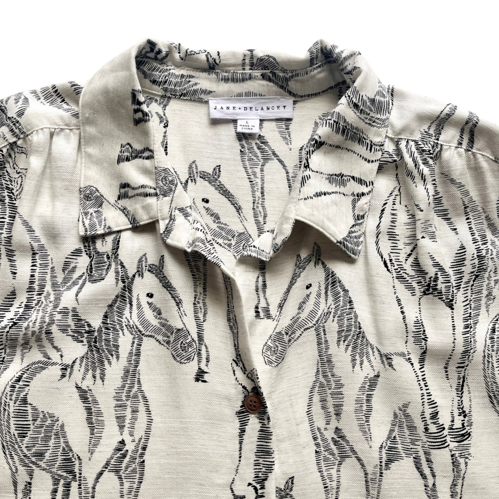 Jane + Delancey Horse Print Button Up Shirt Women L Linen Blend  Ranchcore
